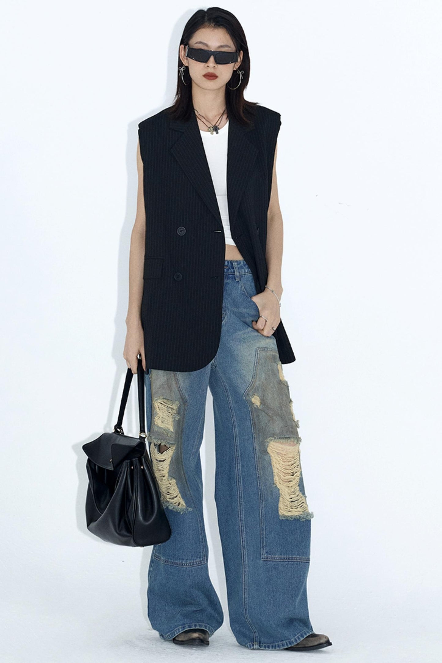 Deconstructed Distressed Wide-Leg Jeans