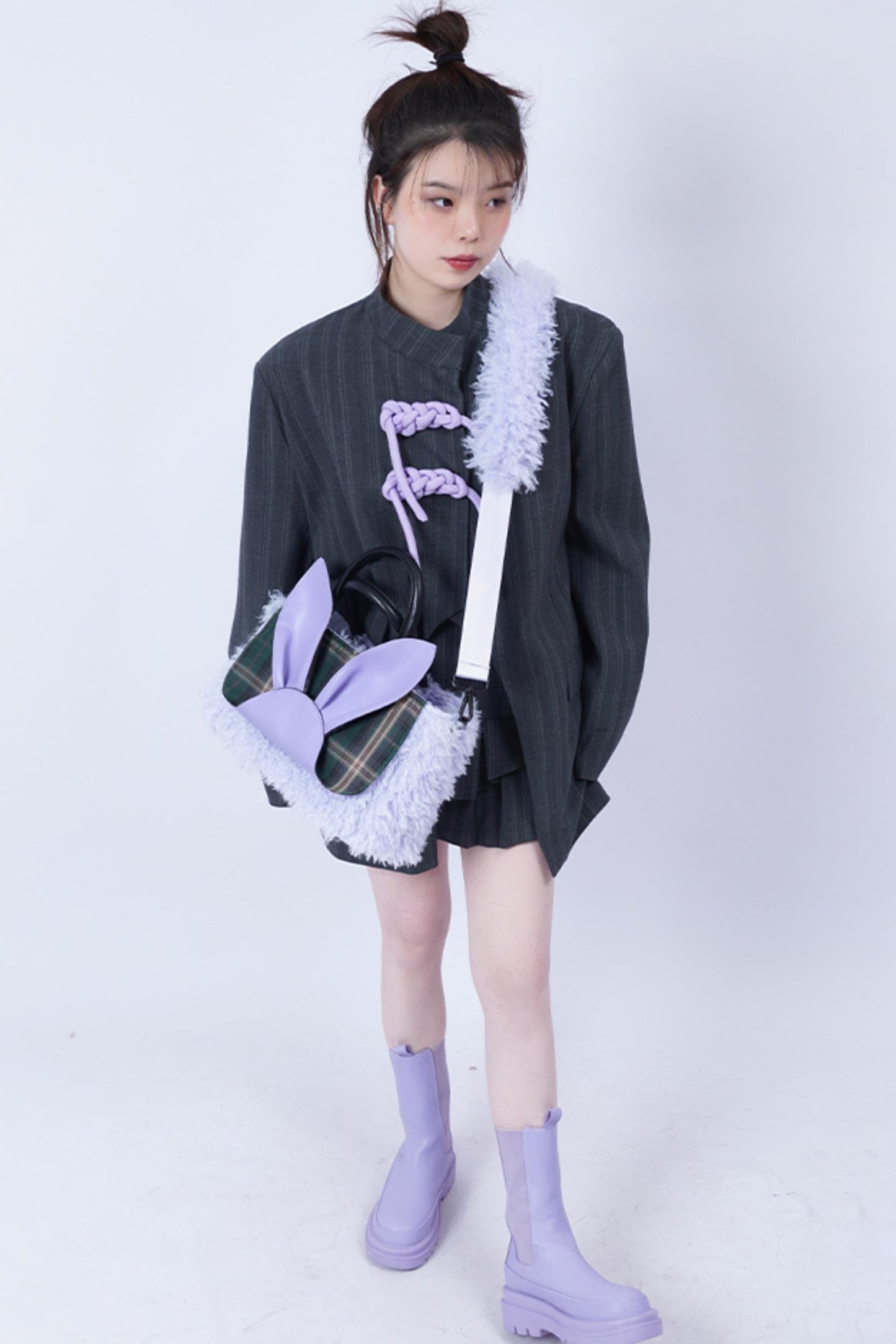 Plaid Rabbit Fur Tote Bag