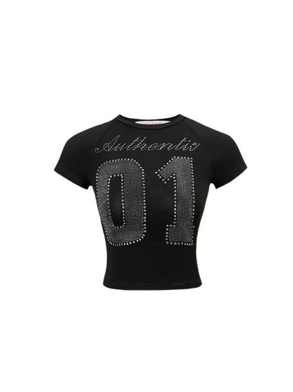 Rhinestone Numbers Cropped Tee