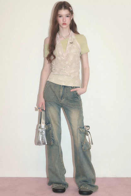 Neckholder-Weste aus floraler Spitze mit schulterfreiem T-Shirt