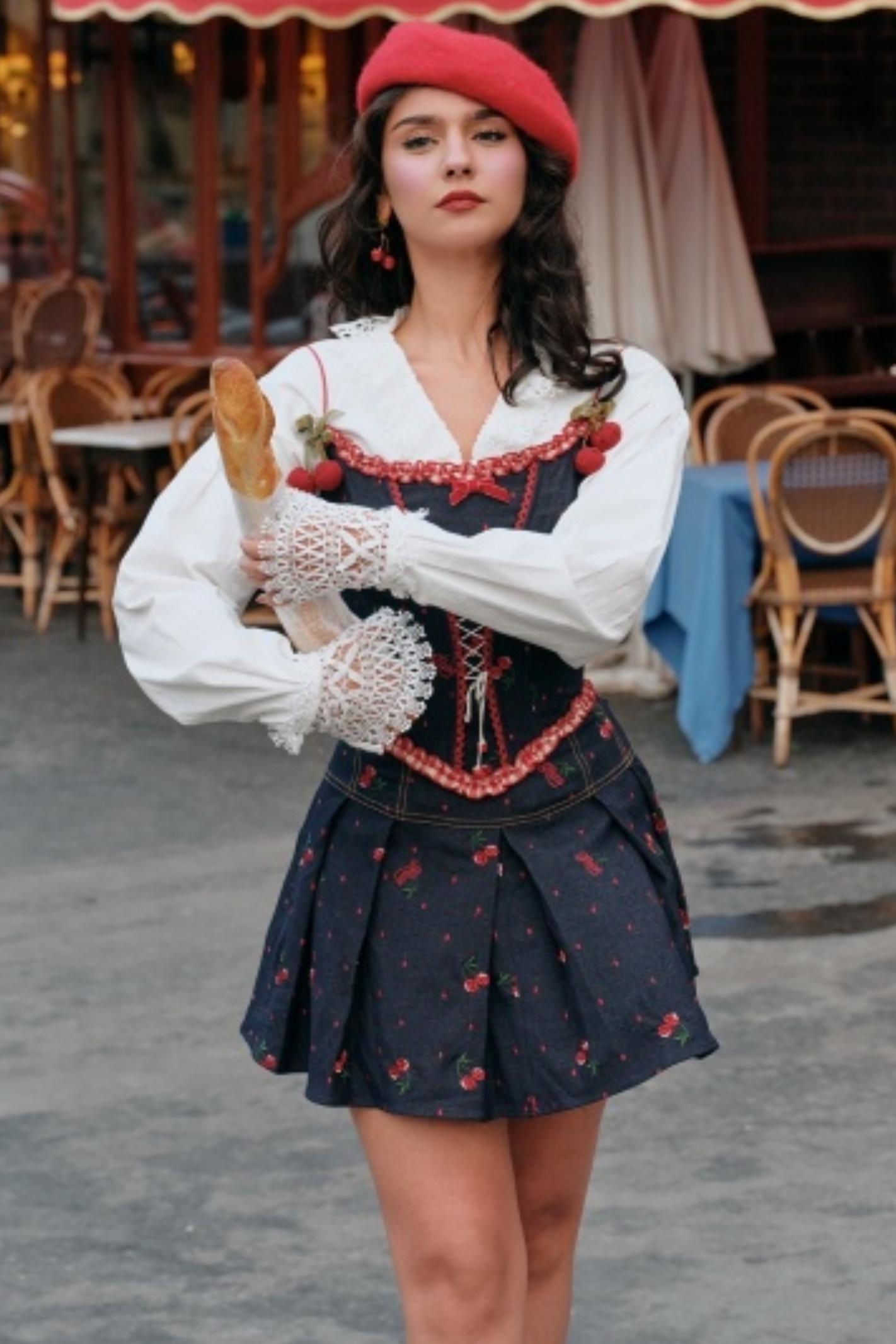 Cherry Embroidery Denim Skirt Set-Up