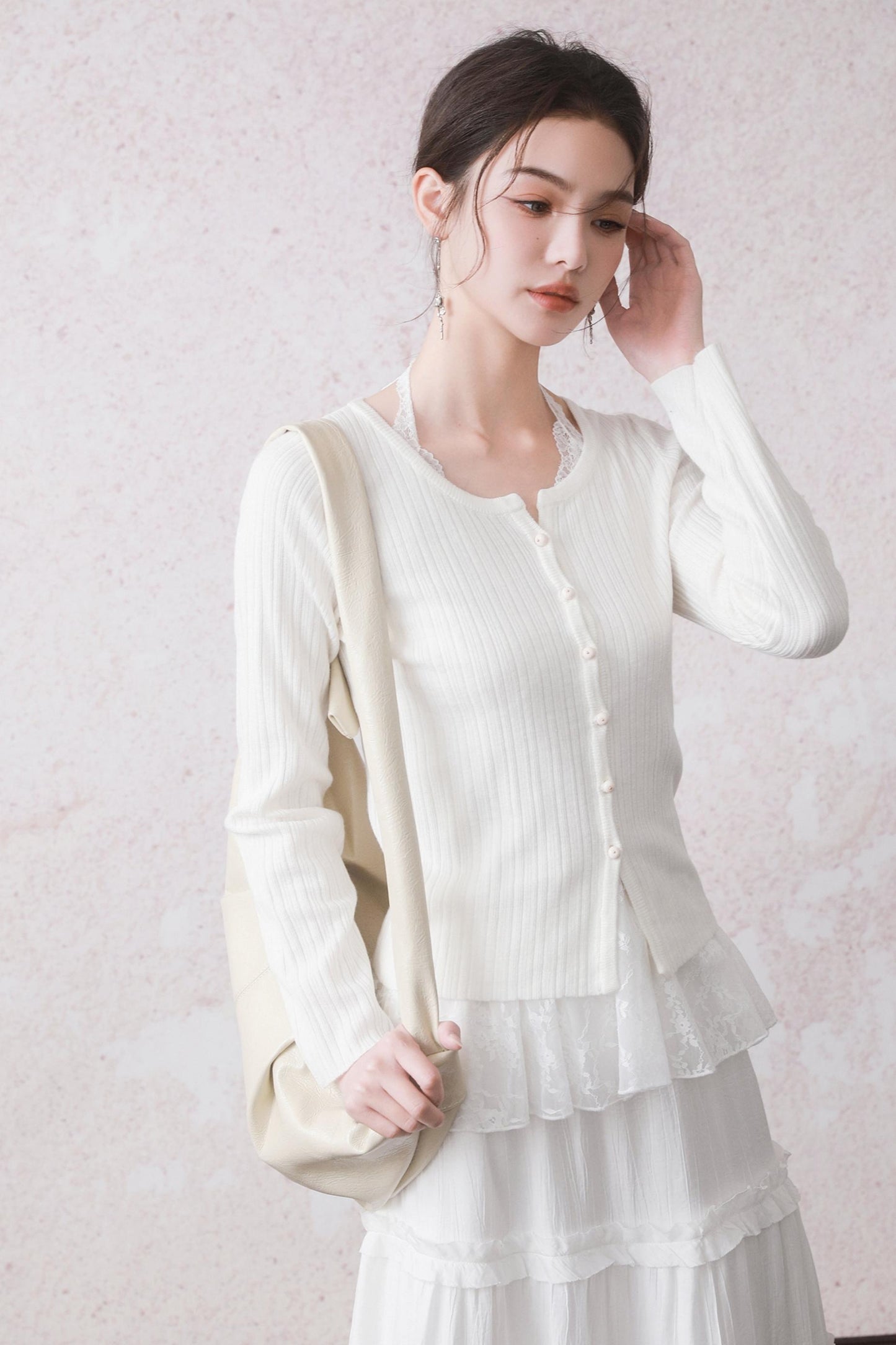 Cloud White Cardigan & Lace Top Set