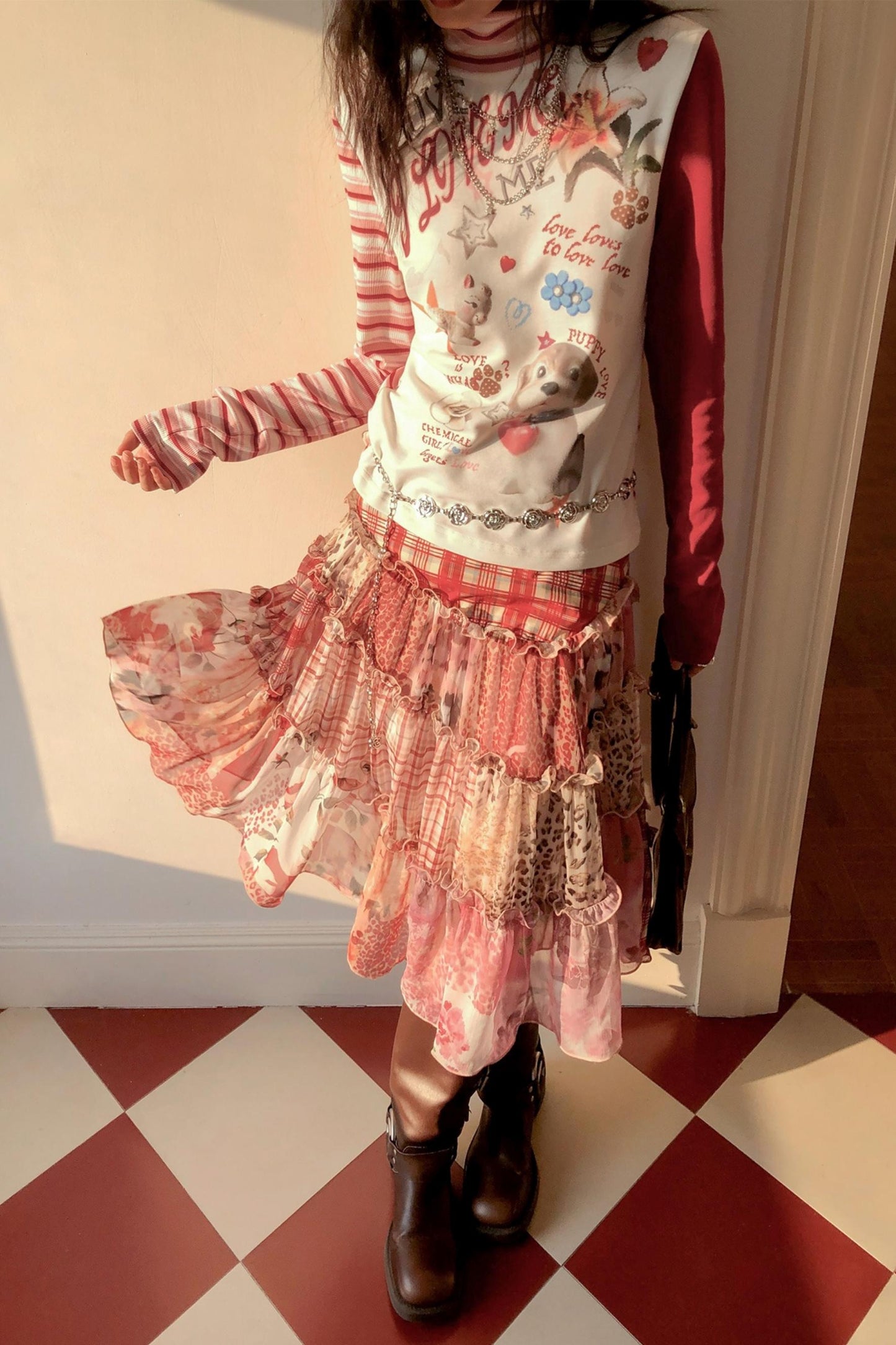 High-Neck Asymmetrical Print T-Shirt