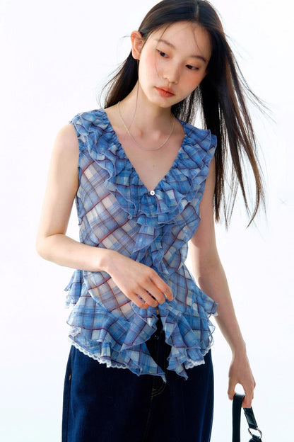 Plaid Ruffle V-Neck Top