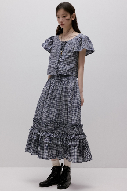 Maglia vichy blu con lacci
