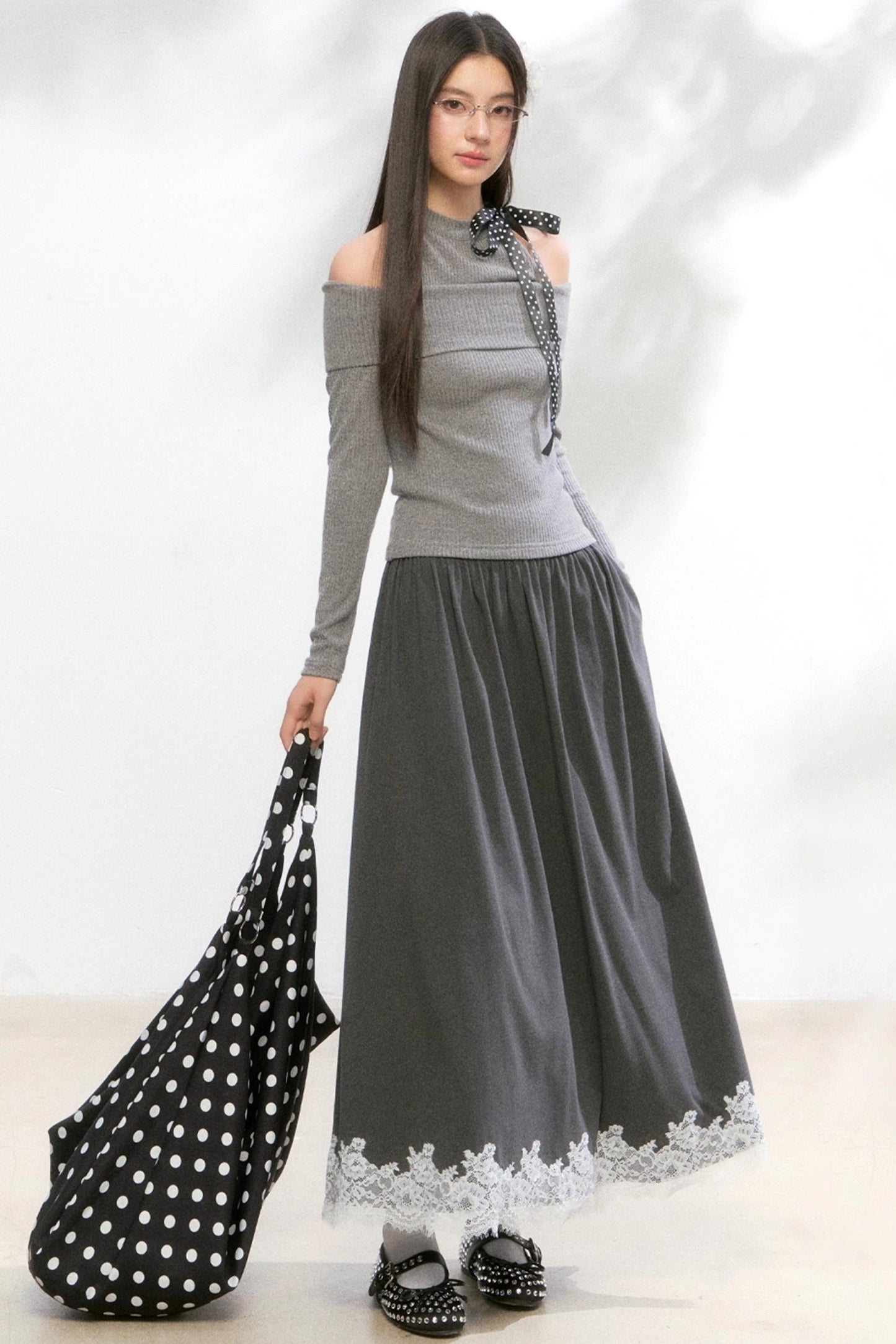 Polka Dot Knitwear Sweater Skirt Set-Up