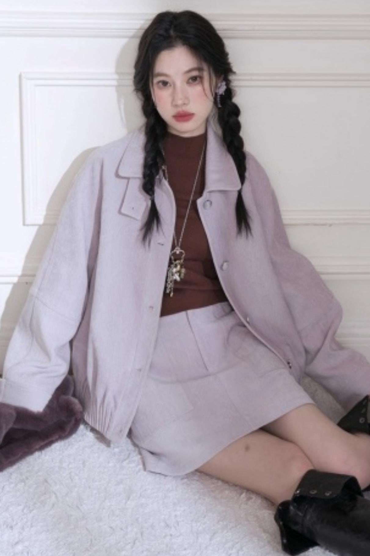 Velvet Purple Stand-Up Collar Jacket Set-Up