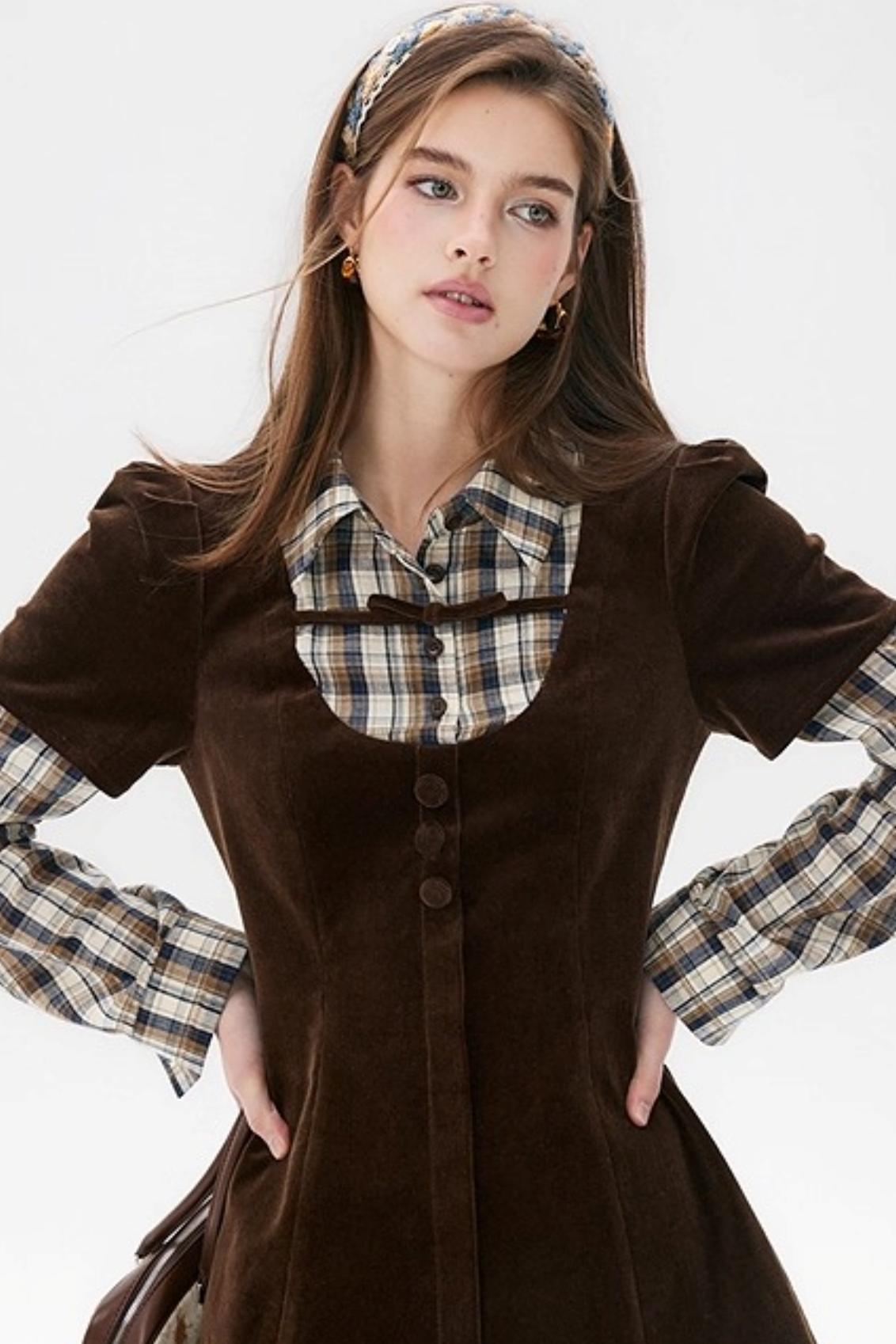 Brown Plaid Corduroy Dress