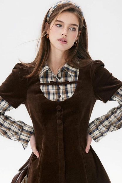 Brown Plaid Corduroy Dress