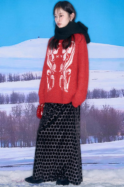 Retro Polka Dot Velvet Skirt