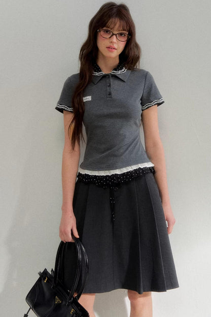 Polka Dot Gray Pleated Skirt