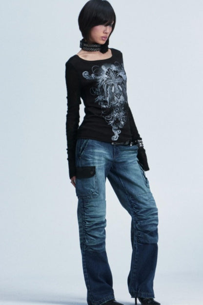 Two-Tone Cross Print Top