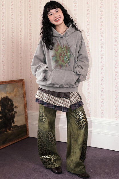 Cotton Washed Leopard Print Denim Pants