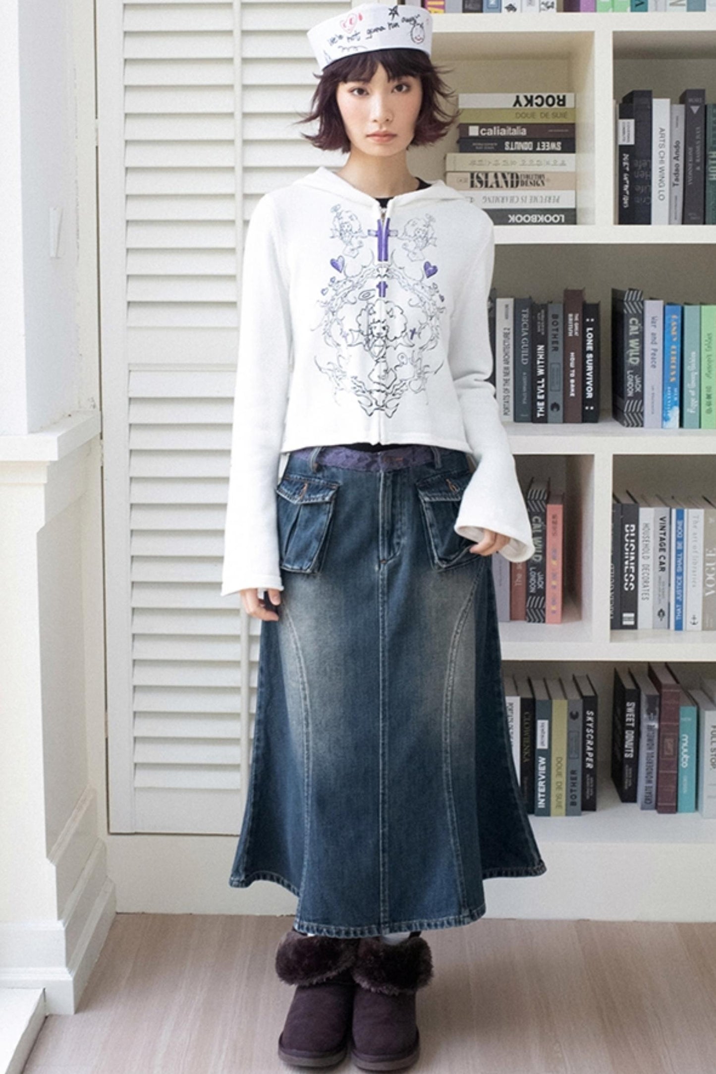 Lace-Trimmed Denim Midi Skirt