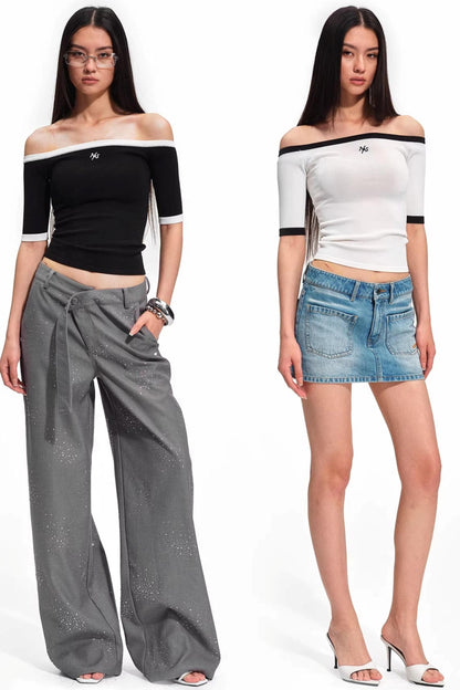 Off-Shoulder Contrast Knit Top