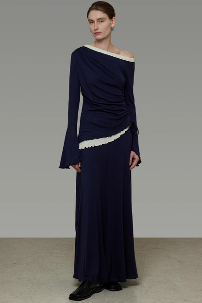 Autumn Slanted Shoulder Knit Slacks Set-Up