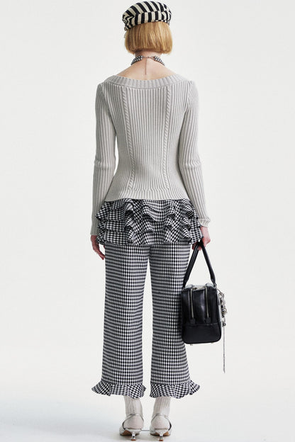 Lace Trim Checkered High Waist Pants