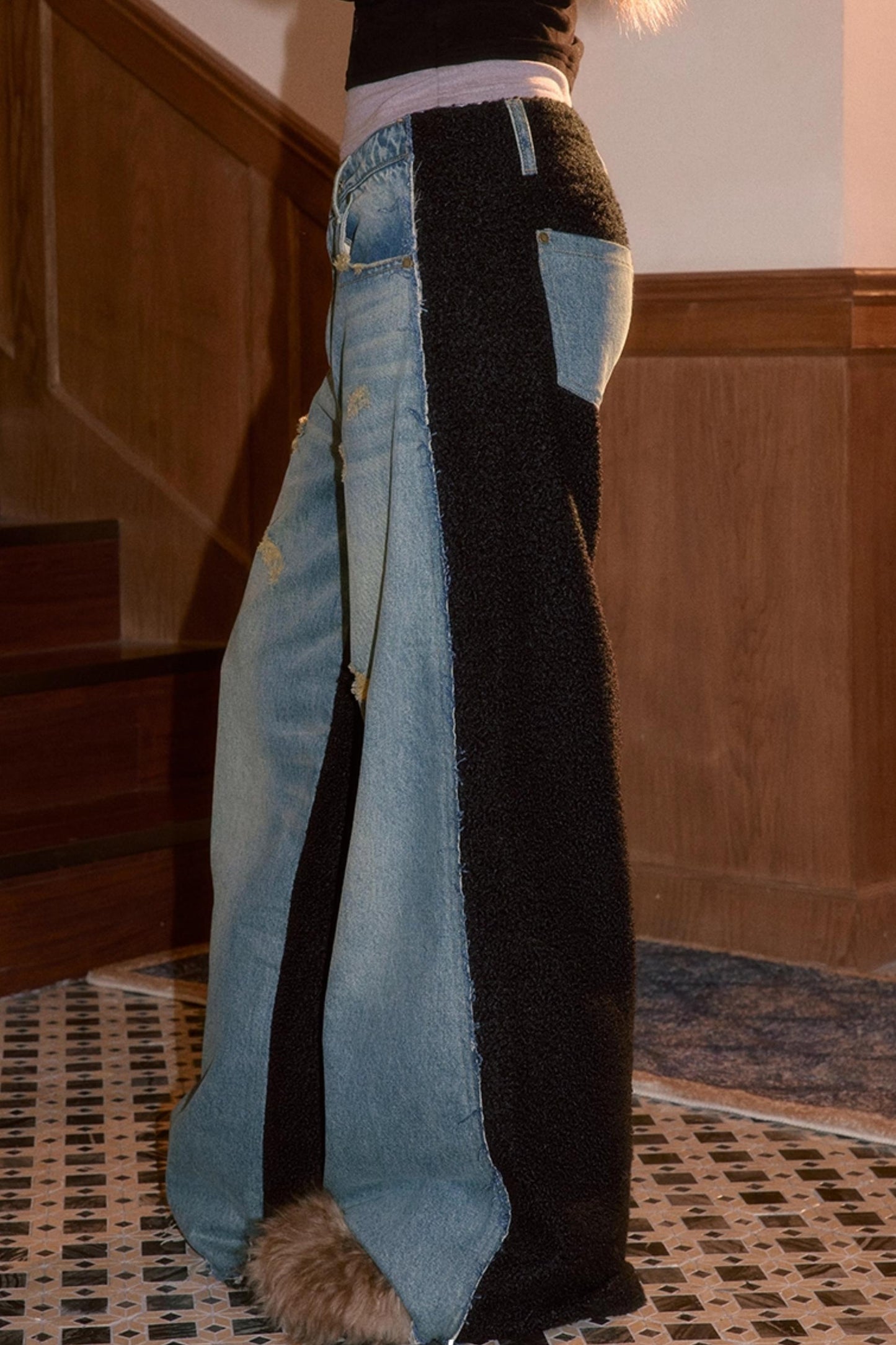 Frayed Hem Patchwork Jeans