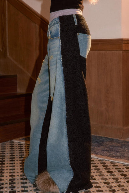 Frayed Hem Patchwork Jeans