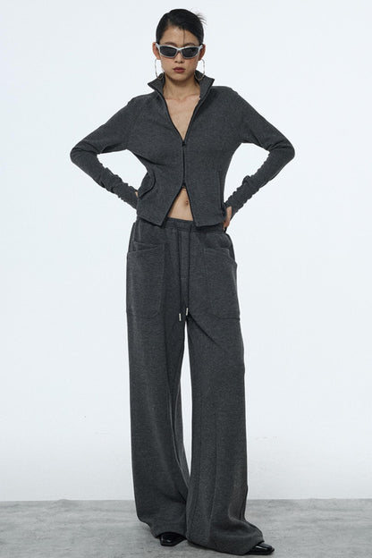 Gray Zipper Slim-Fit Top & Pants Set-Up