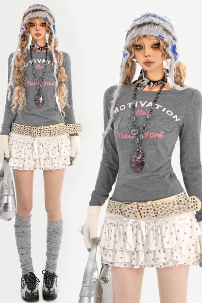 Retro Gray Letter Print Top