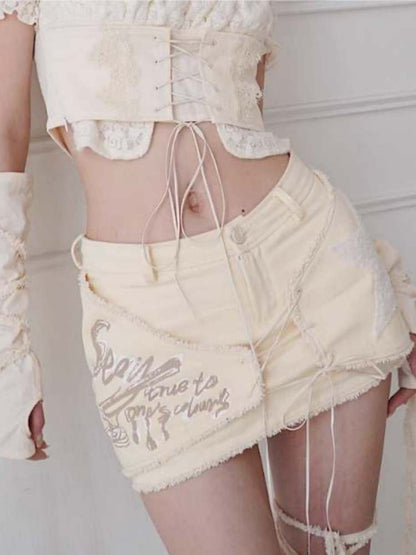 Fleece Star Patch Asymmetrical Frayed Hem Mini Skirt