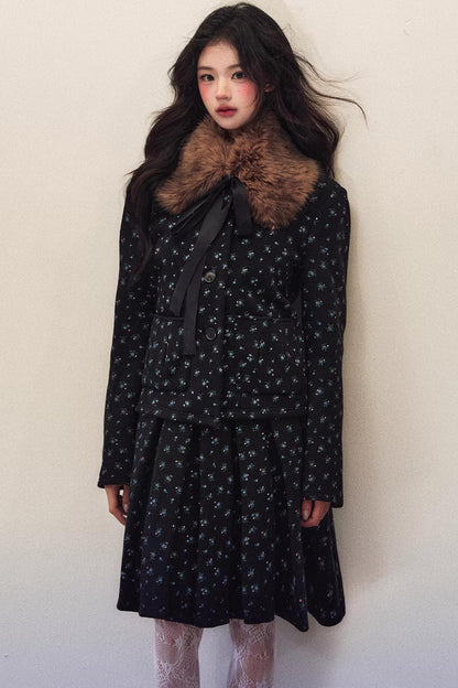 Black Floral Waffle Jacket Suit Set-Up