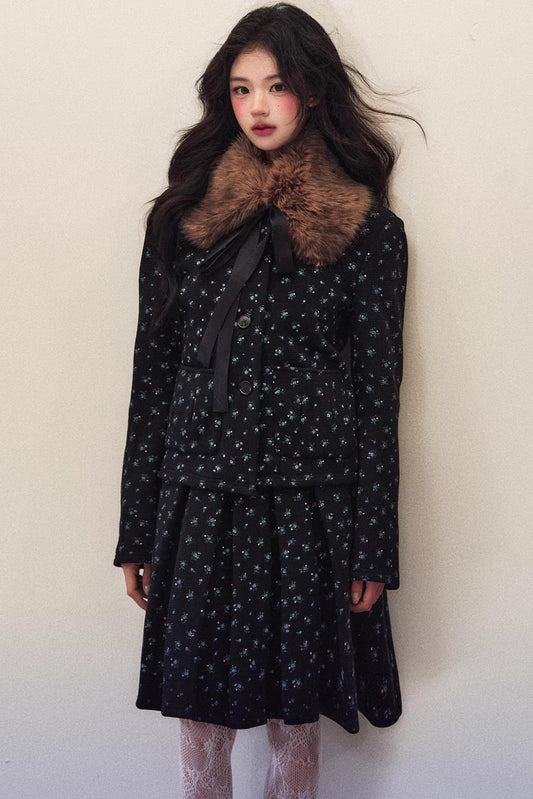 Black Floral Waffle Jacket Suit Set-Up