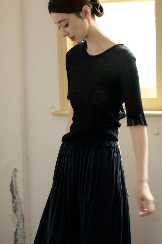 Black Knitted Contrast T-Shirt