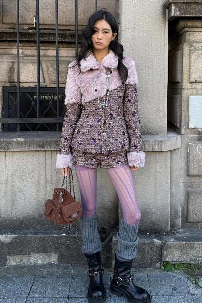 Retro Chic Purple Sequin Tweed Suit Set-Up