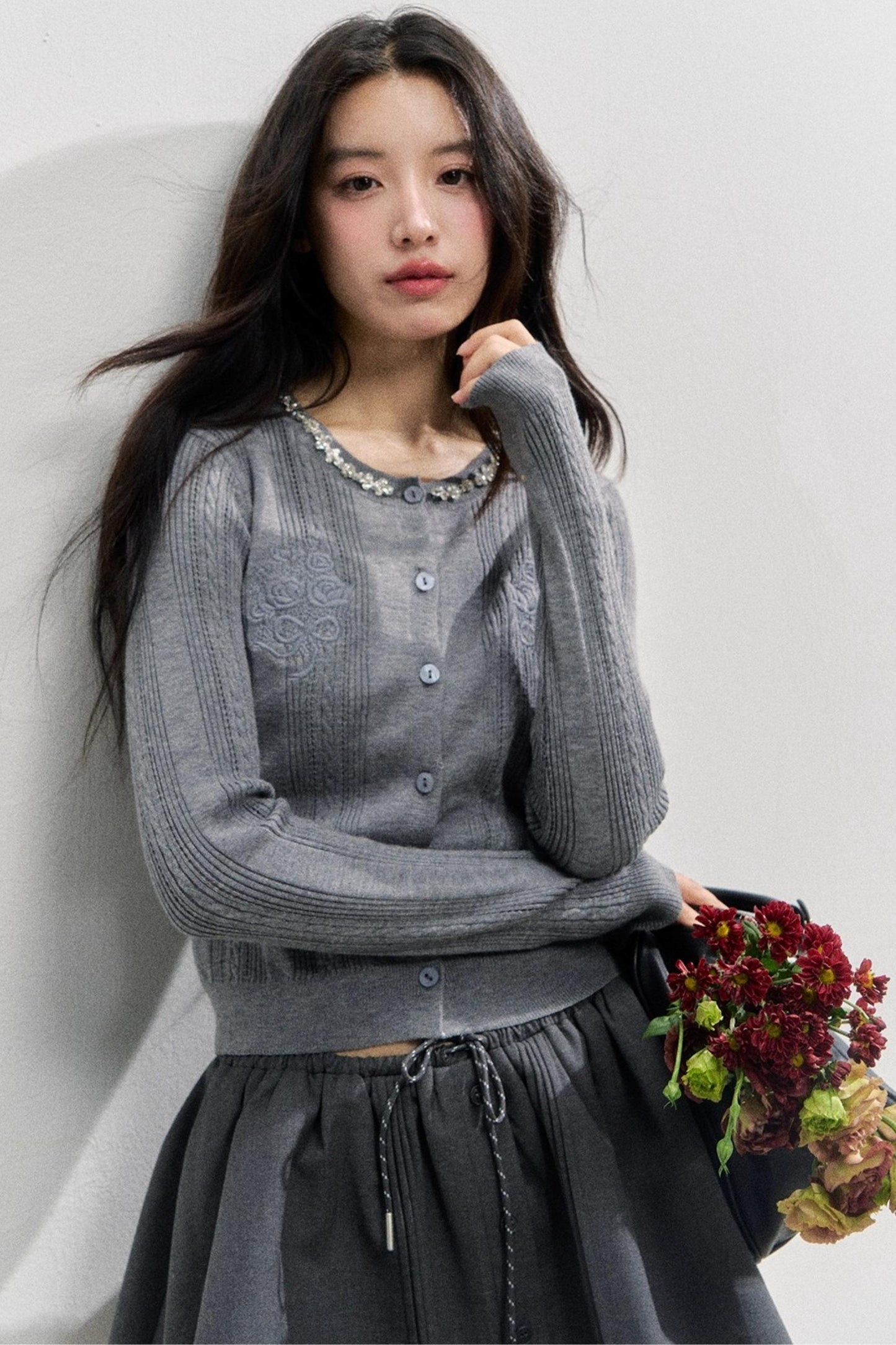 Rose Embroidery Knitted Cardigan