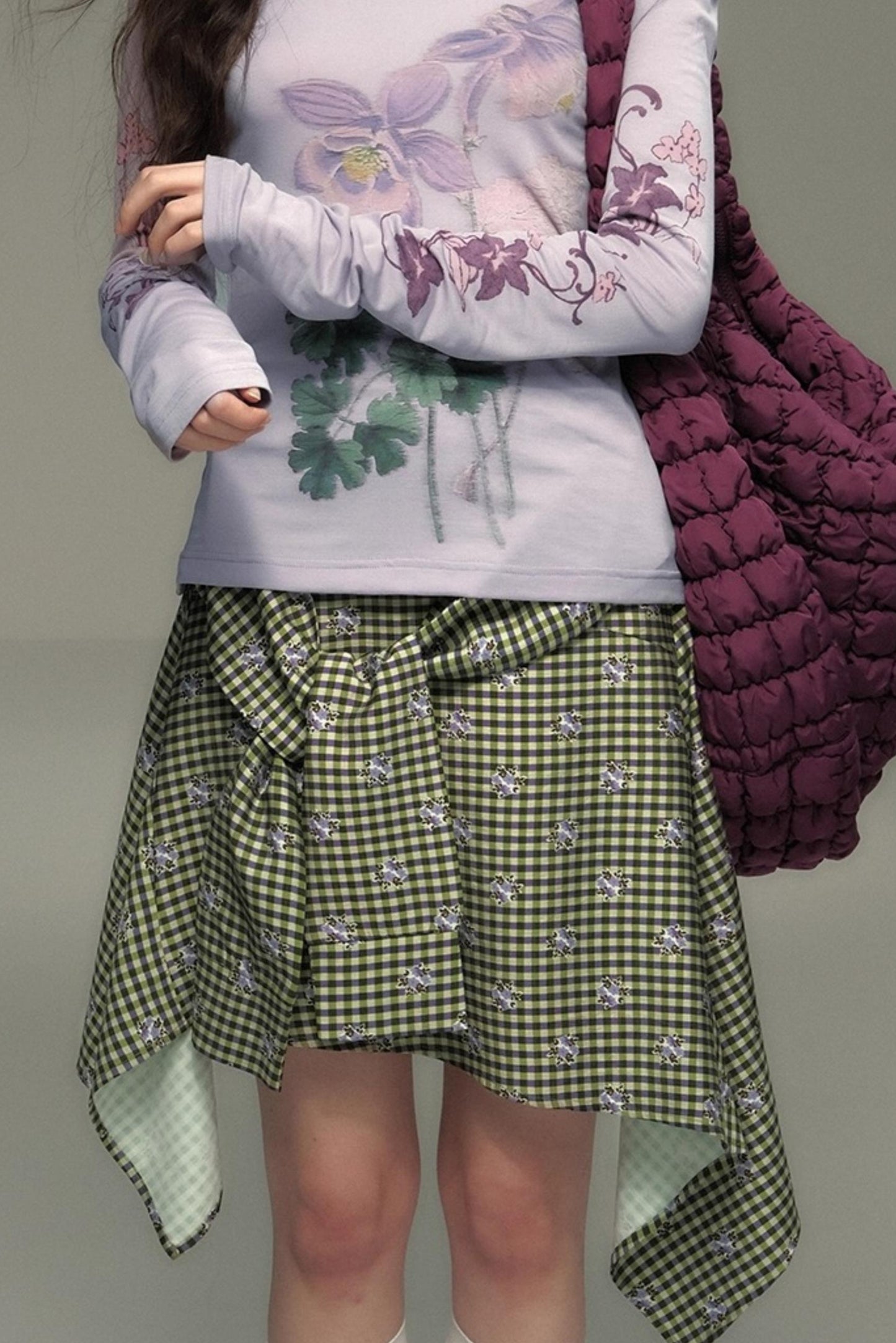 Retro Green Check Lace-Up Skirt