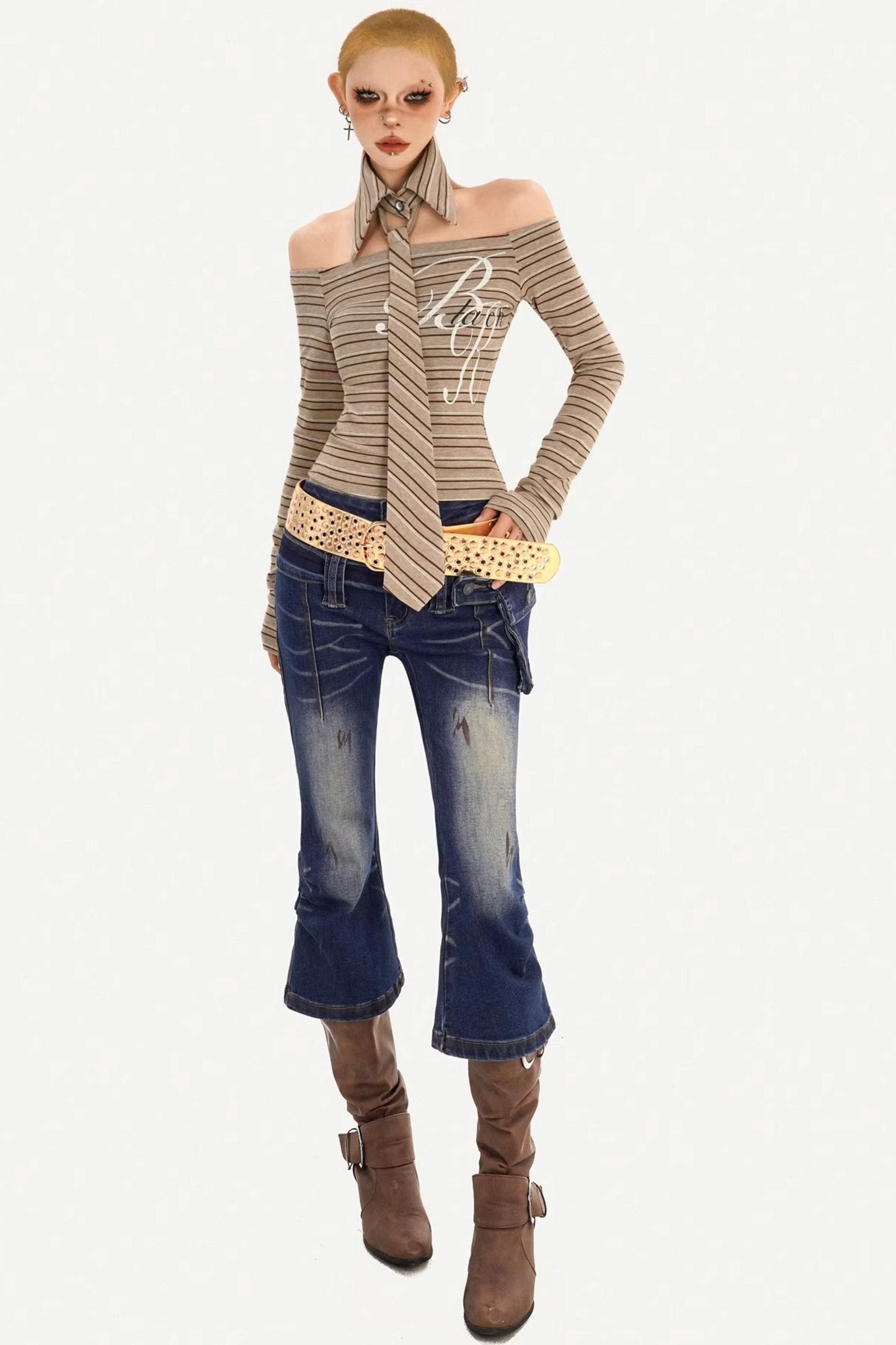 Retro Gestreiftes Off-Shoulder-Top