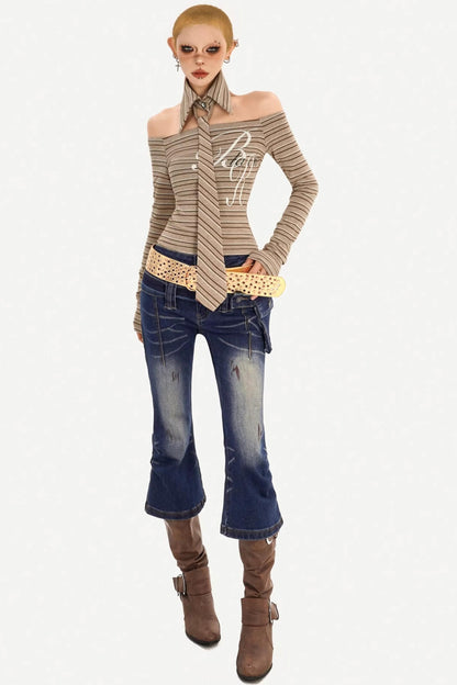 Retro Gestreiftes Off-Shoulder-Top