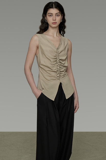 Khaki V-Neck Sleeveless Top