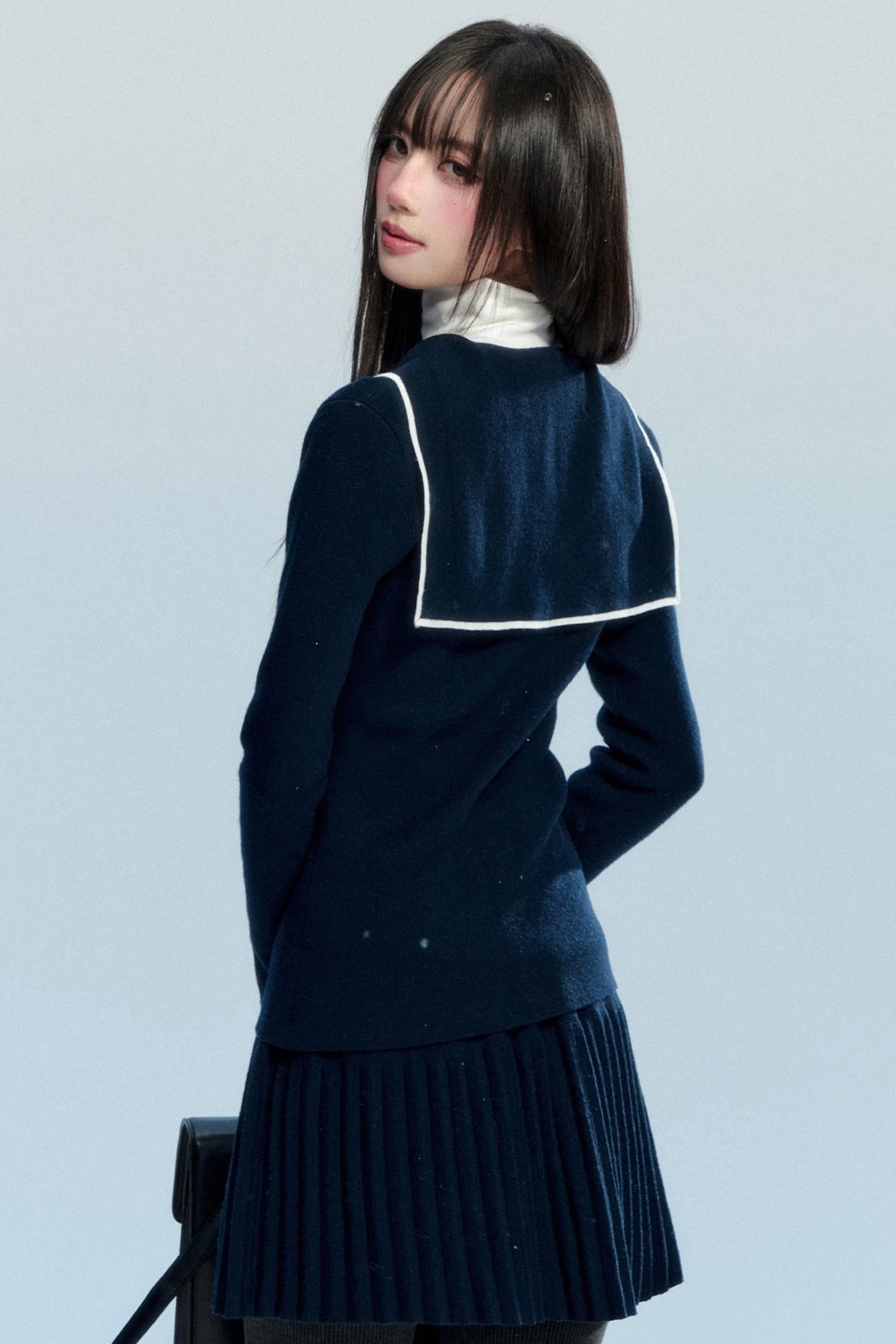 Navy Collar Knit Top Set-Up