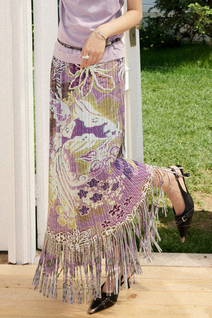 Pleated Satin Floral Skirt