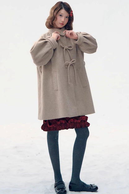 Retro Oatmeal Woolen Bow Coat