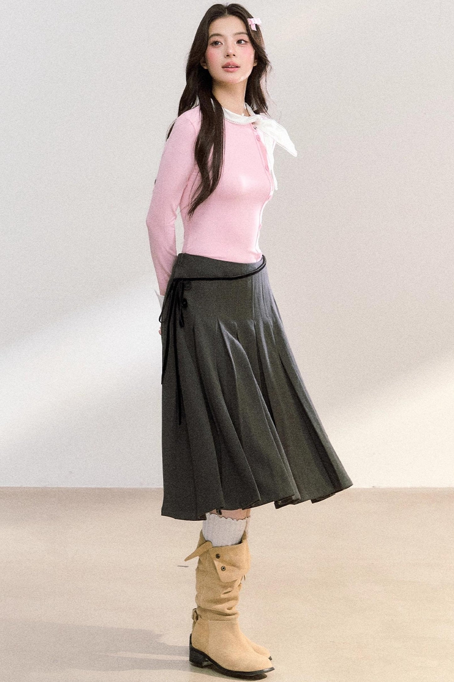 Edge Strap Pleated Midi Skirt