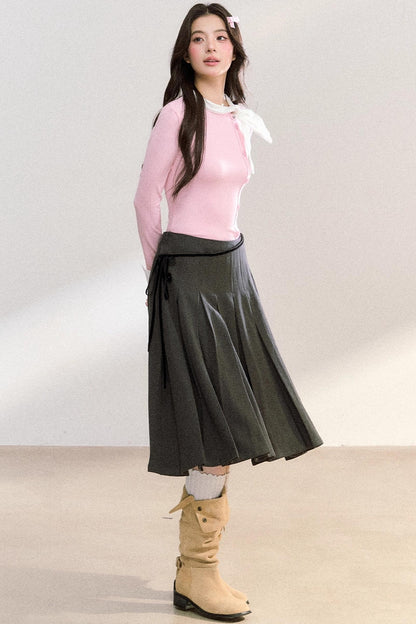 Edge Strap Pleated Midi Skirt