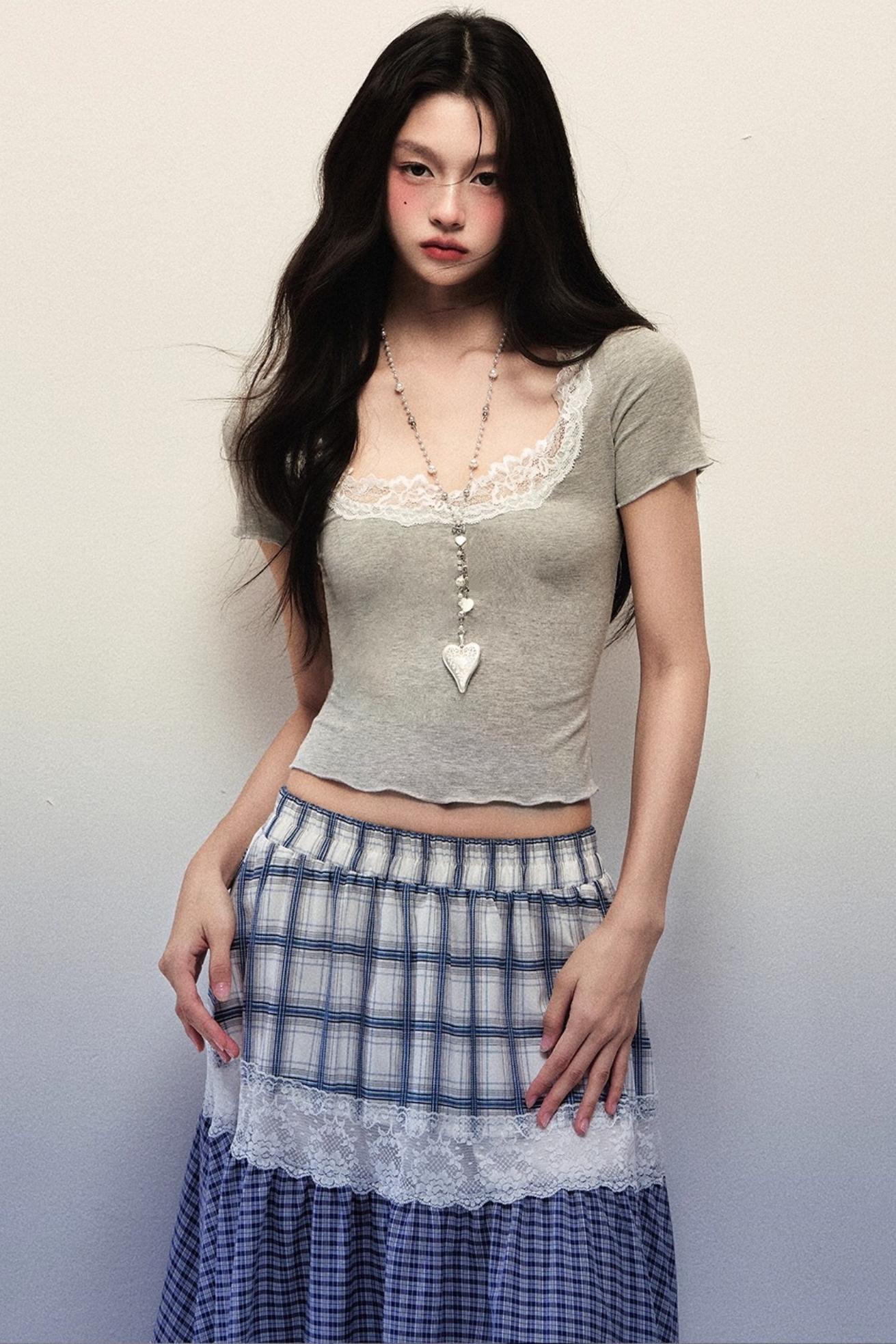 코튼 레이스 스퀘어넥 반팔 탑
