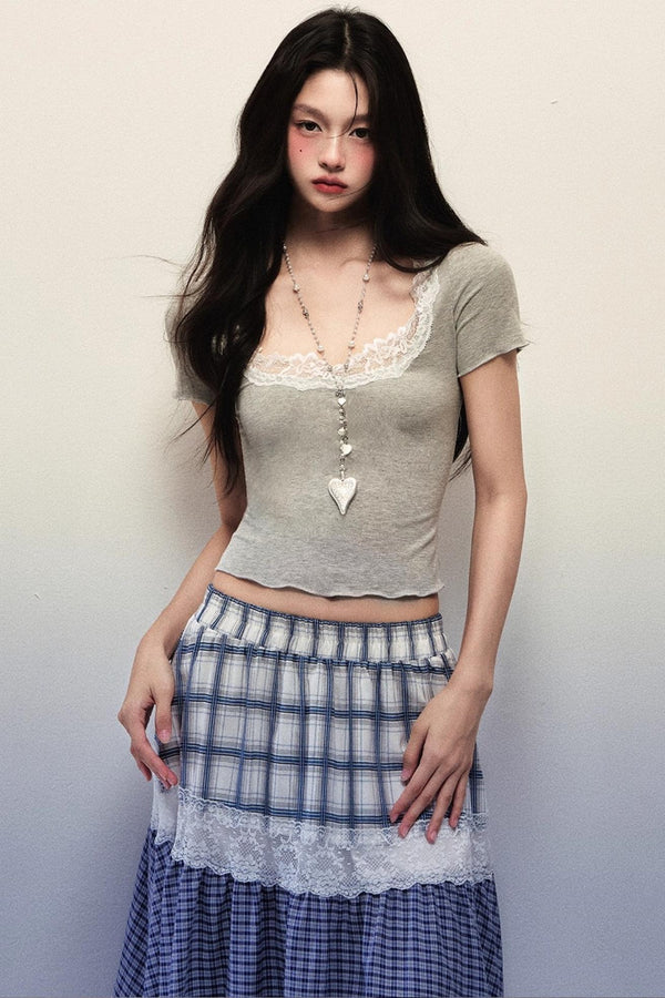 코튼 레이스 스퀘어넥 반팔 탑