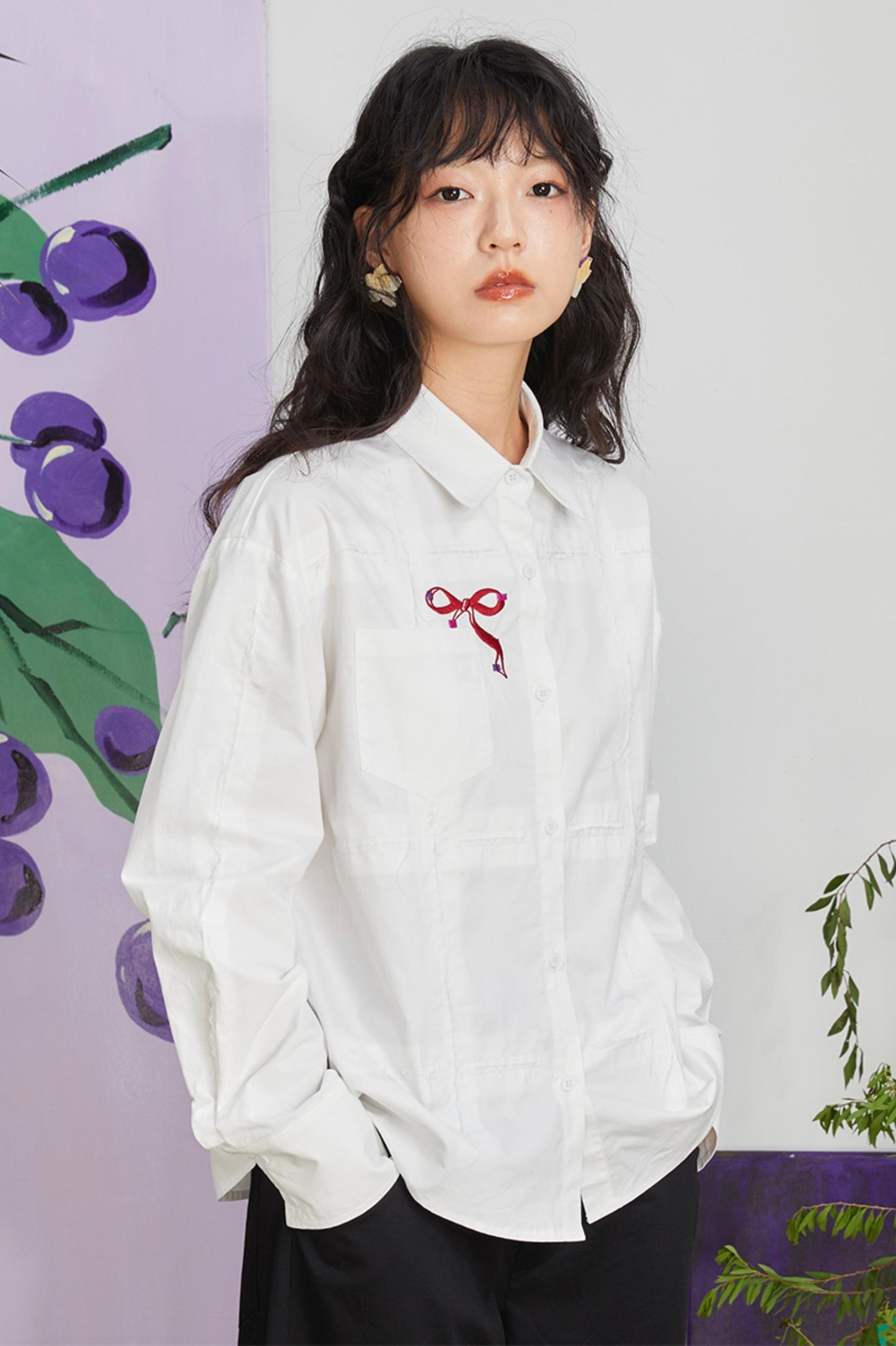 Retro Bow Embroidery Long Sleeve Shirt