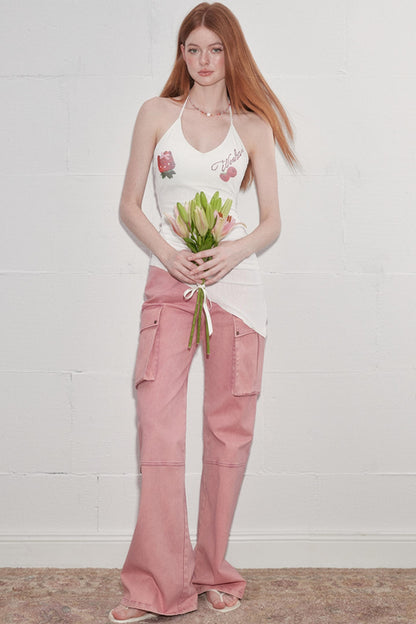 Padded Slim Strap Neck Print Top