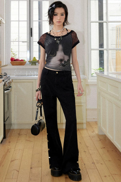 Cat Print Short Sleeve Top