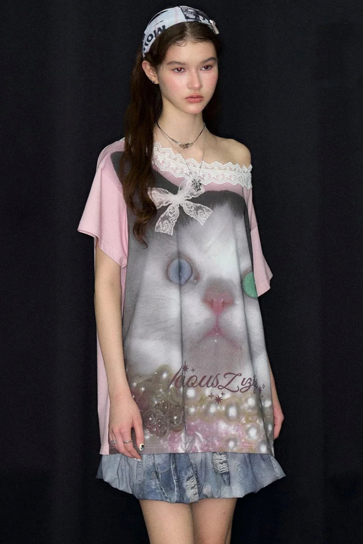 Cat Print Lace Collar Oversized T-Shirt