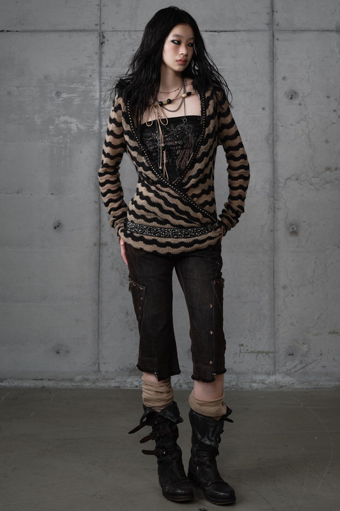 Bandeau Fake Two-Piece Striped Knit Top Set