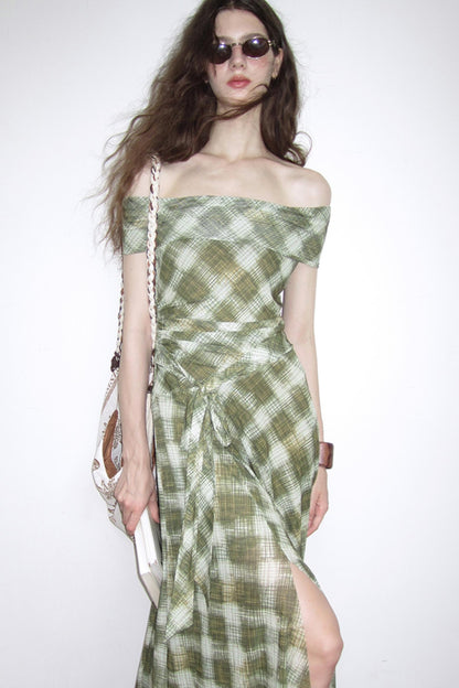 Mesh Check One-Shoulder Dress