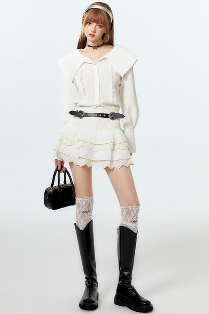 Sheer Lace Big-Collar Mint Blouse