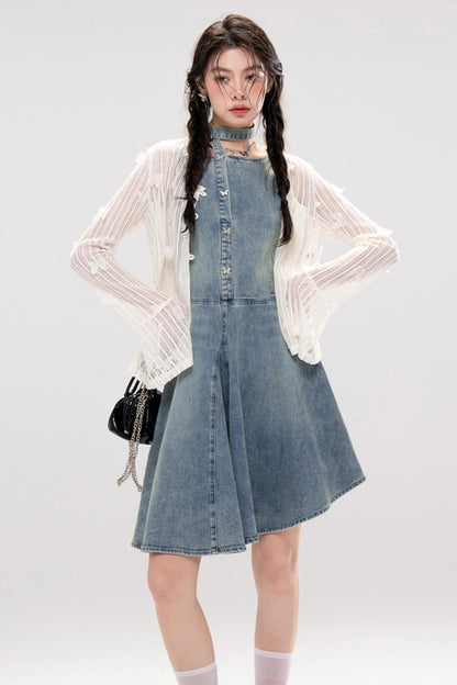 Elegant Ribbon Denim Dress